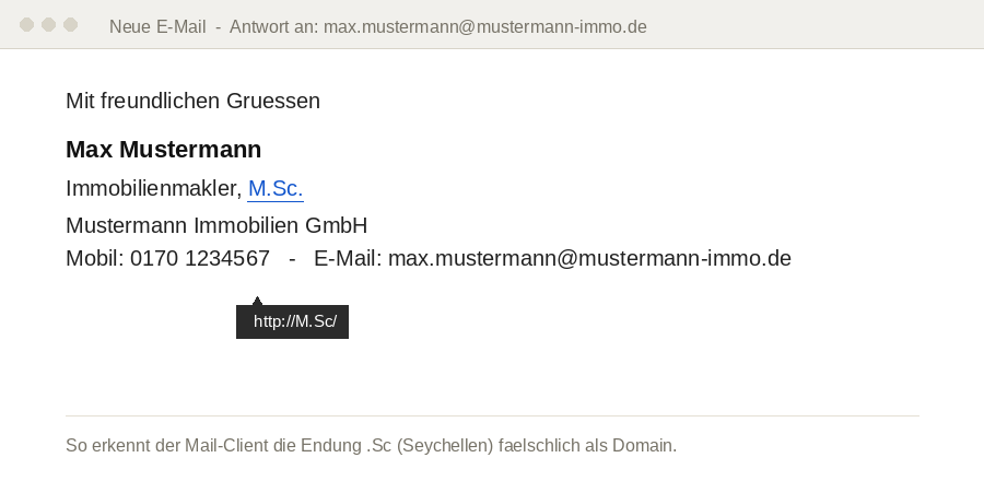 Fake-Mailsignatur mit M.Sc. als ungewollter Link